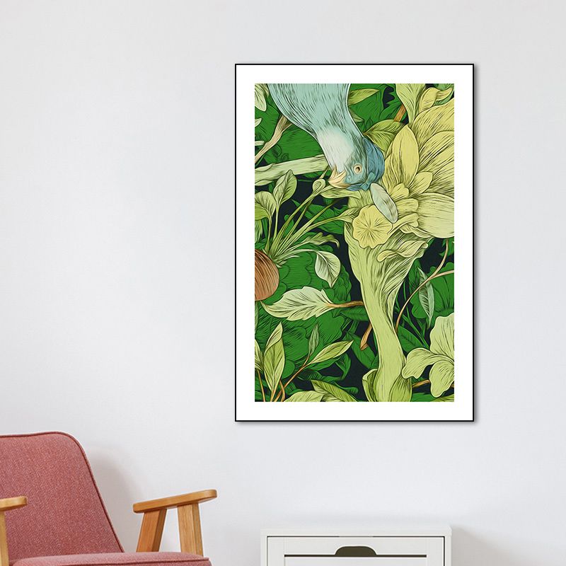 Green Childrens Art Wall Decor Illustration Bird and Flower Canvas Print for Dining Room