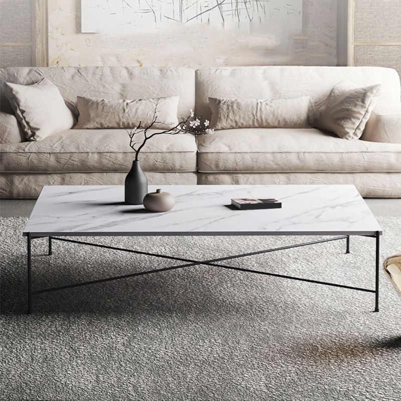 Metal Cross Legs Coffee Table with Rectangular Stone Top in White