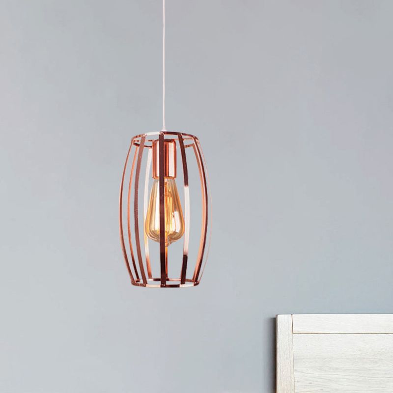 Luz de colgante de jaula de alambre de cobre Lámpara de colgante de metal retro 1 cabezal con sombra ovalada