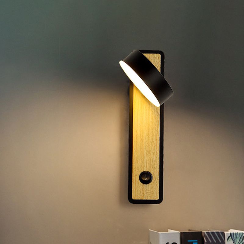 Rotatable 1 Light Round LED Wall Sconce Lamp Modern Wooden Black/White Down Lighting in Warm/White Light