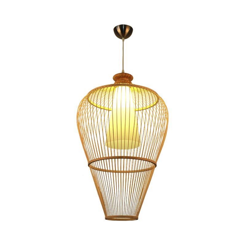 Rural Urn Cage Bamboo Pendulum Light Single-Bulb Pendant Lighting Fixture in Beige with Inner Cone Shade