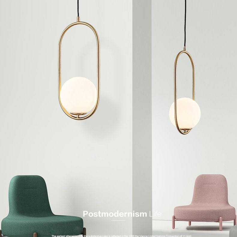 Nordic Modern Opal Frosted Glass Pendant Light Spherical Suspension Light  with Elliptical Metal  Ring for Dining Room