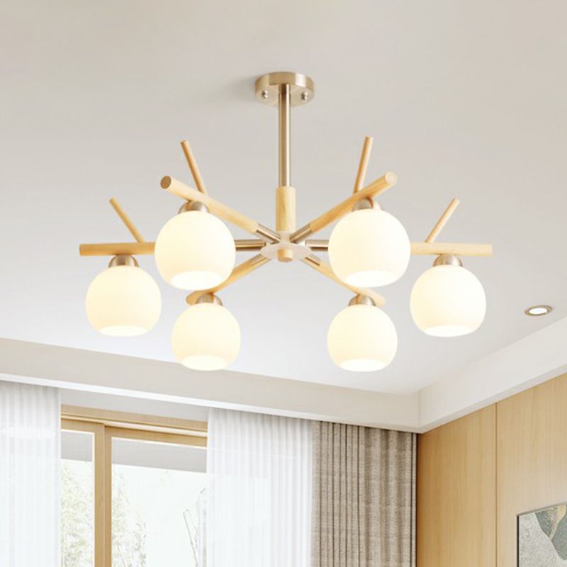 Dome Ceiling Chandelier Minimalist White Glass Living Room Hanging Light with Wood Twig Deco