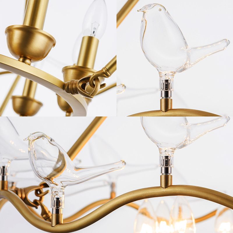 Metal Flower Basket Chandelier Lamp Modern 9 Bulbs Gold Pendant Lighting Fixture with Clear Glass Bird