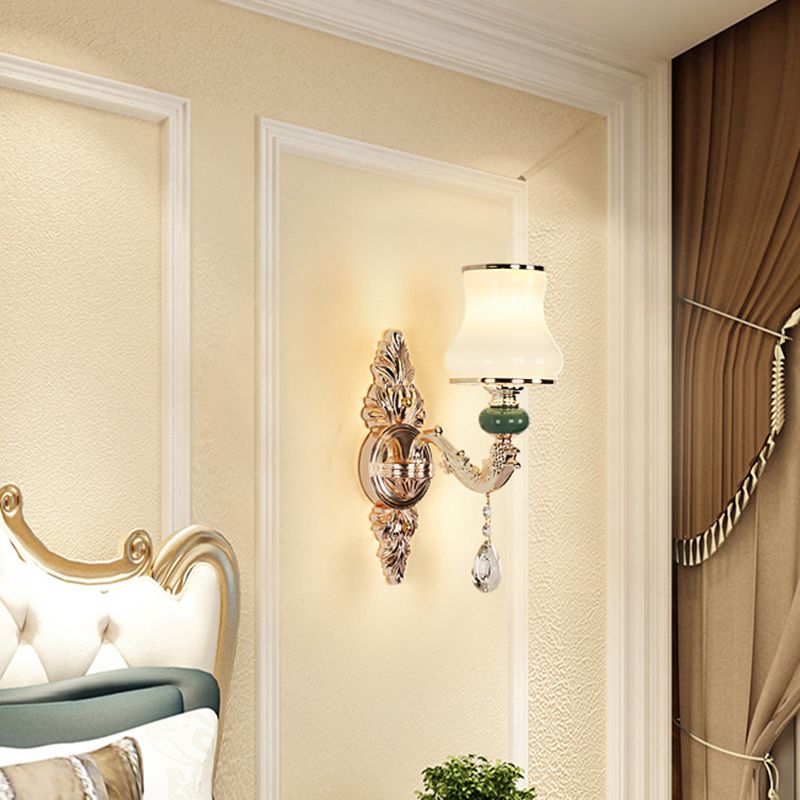 Traditional Tapered Wall Mount Light Textured Glass Wall Light Fixture with Hanging Crystal in Gold