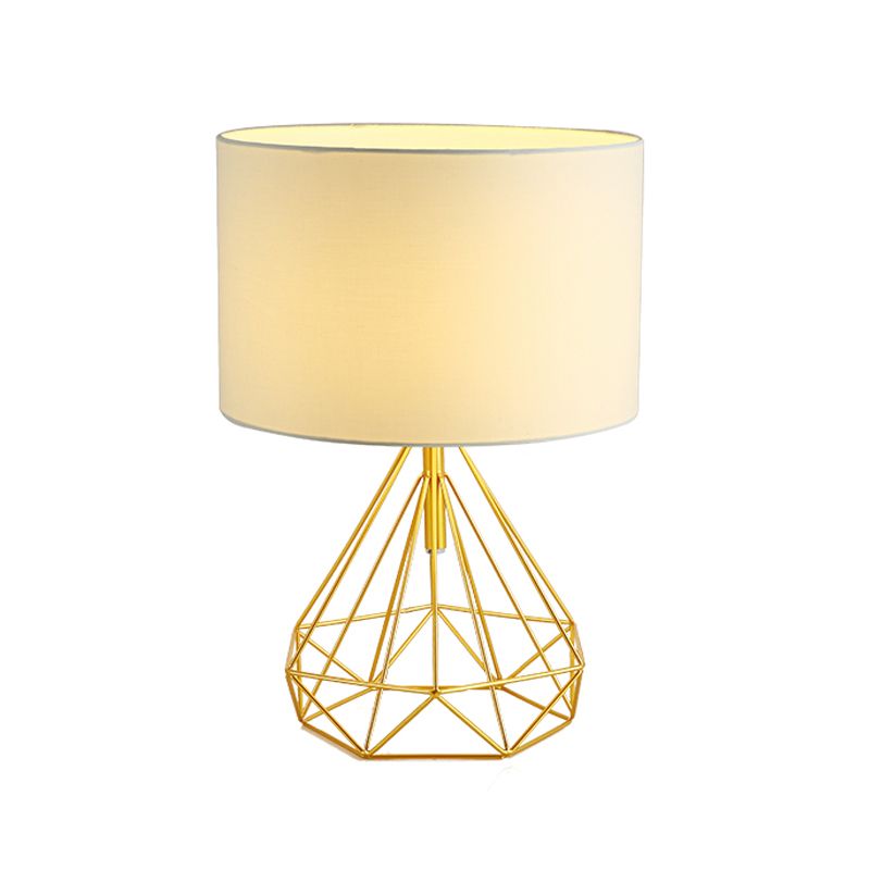 Diamond Cage Base Bedside Table Lamp Metallic 1 Head Minimalist Nightstand Lamp with Drum Fabric Shade