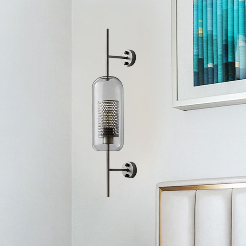 5"/6" W Clear Glass Oval Wall Sconce Colonialism 1 Bulb Bedroom Wall Lighting Fixture with Mesh Screen in Bronze/Silver Gray