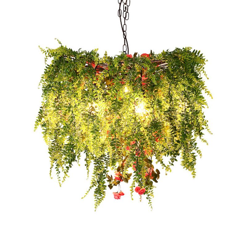 Green LED Ceiling Light Industrial Metal Open Cage Chandelier Lighting with Plant Decoration, 18"/23.5"/31.5" Wide