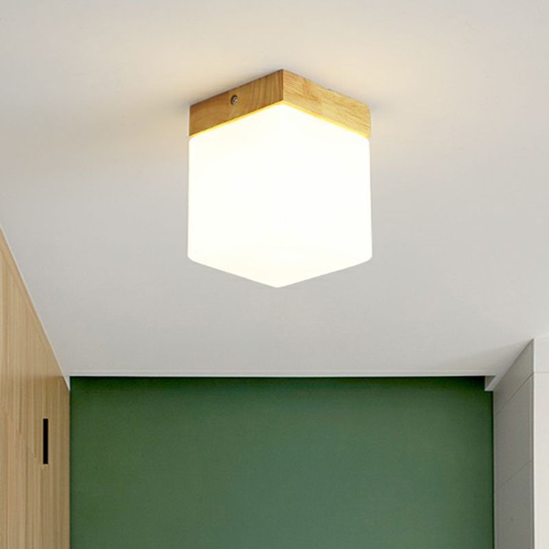 Small Aisle Ceiling Flush Light White Glass 1 Head Nordic Semi Mount Lighting in Wood