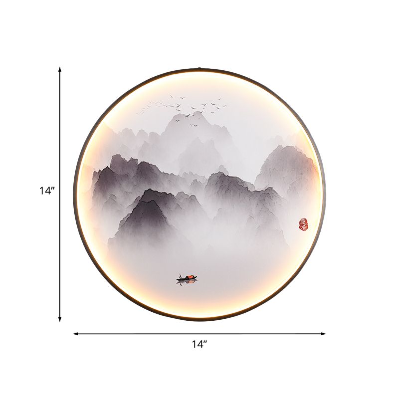 Misty Mountains/Carp Fish Mural Lamp Chinese Style Fabric Sitting Room LED Wall Mounted Light in Black
