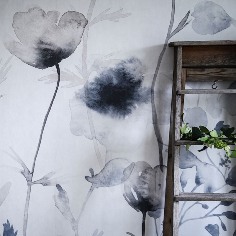 Blue Camellia Painting Mural Wallpaper Flower Trendy Stain Resistant Wall Covering for Home