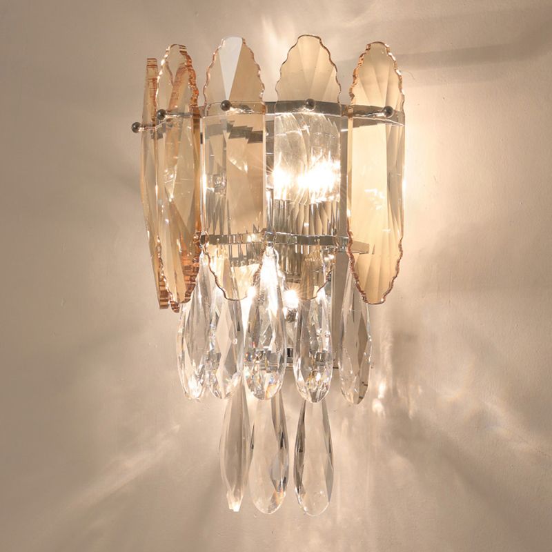 Layered Wall Lighting Fixture Modern K9 Crystal Droplet 2 Heads Foyer Sconce Light