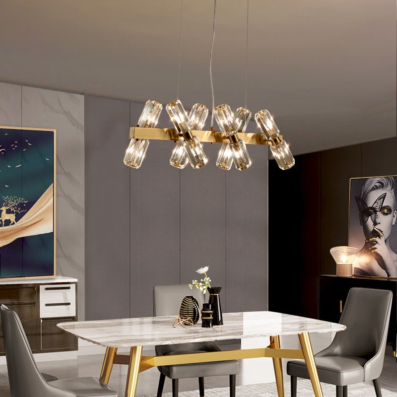 Tubular Chandelier Lamp Traditionary Beveled Crystal 12/16 Bulbs Gold Hanging Pendant Light