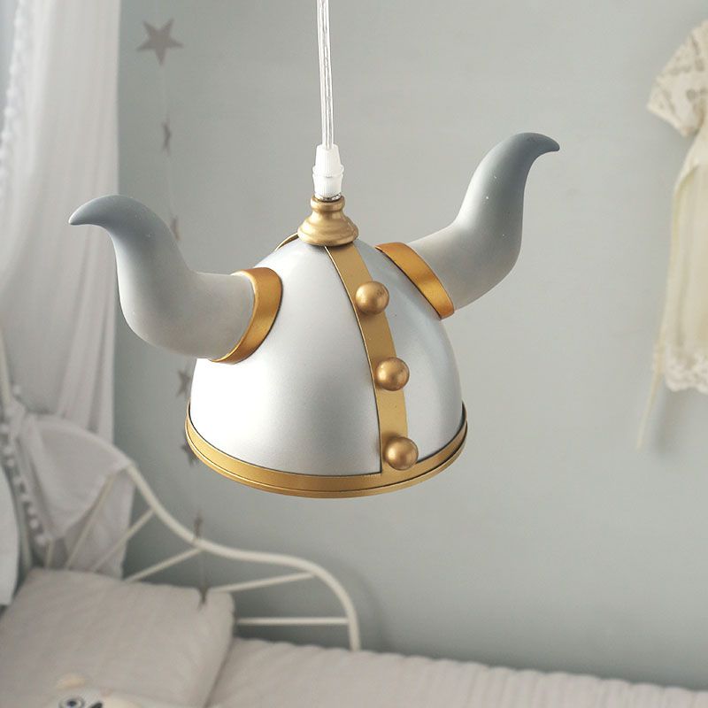 Ox Horn Helmet Hanging Light Fixture Nordic Metal Single Bulb Gray Pendant Lamp for Bedroom