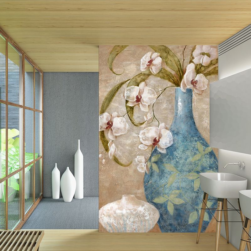 Orchid Flower Vase Wallpaper Mural Contemporary Smooth Texture Wall Decor in Blue-Brown