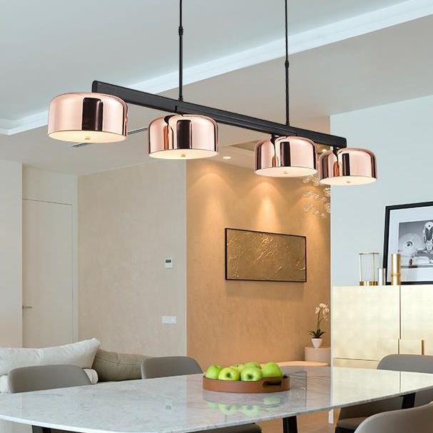4-Light 55" Island Light Fixture Modern Rose Gold Drum Restaurant Hanging Lamp with Metal Shade