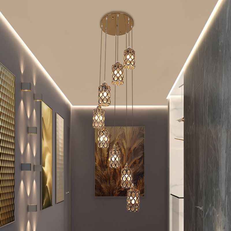 8 Heads Hanging Lamp Contemporary Stair Multi Light Pendant with Cylinder Crystal Shade in Gold