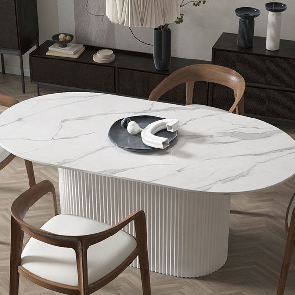 Modern White Top Dining Table Oval Dining Table with Wooden Base