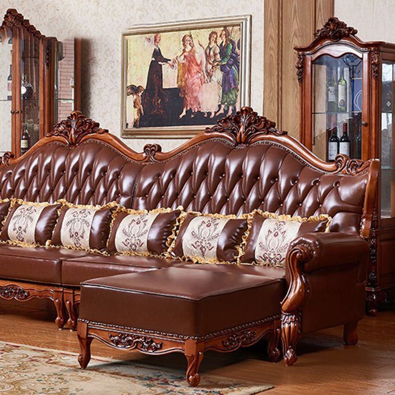 Ornate Traditional Tufted Split-Back Seating Flared Arm Sofa with Pillows in Brown