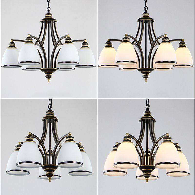 American Metal Chandelier Branch Black Pendant Lamps with White Glass for Living Room