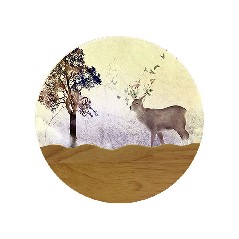 LED Bedside Wall Lighting Idea Minimalist Style Wood Elk Deer and Tree Patterned Mural Lamp with Round Metal Shade
