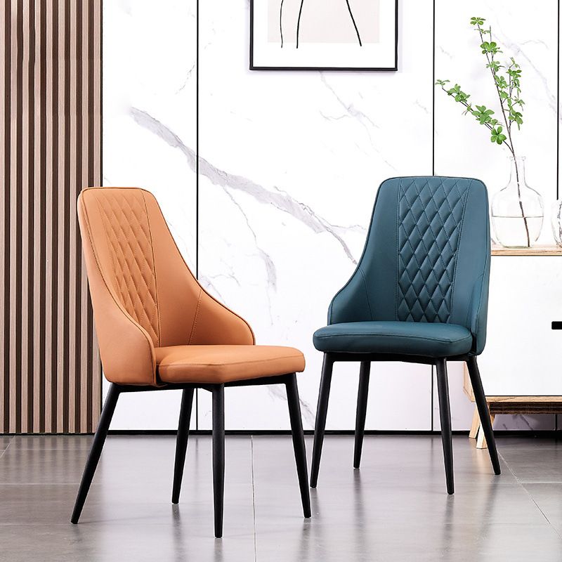 Modern Leather Dining Chair Solid Back Armless Side Chairs with Metal Legs