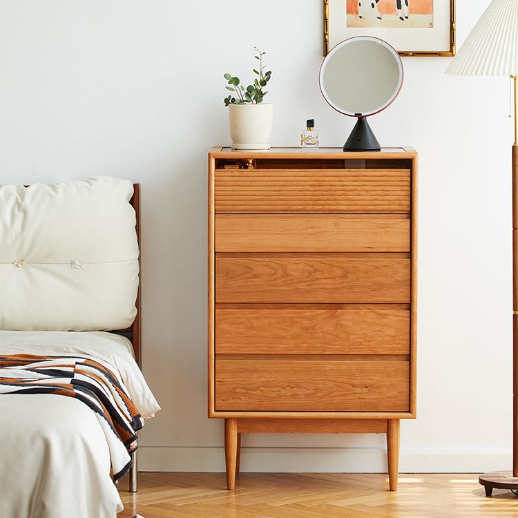 Mid-Century Modern Chest with 5 Drawers and Glass Top in Natural