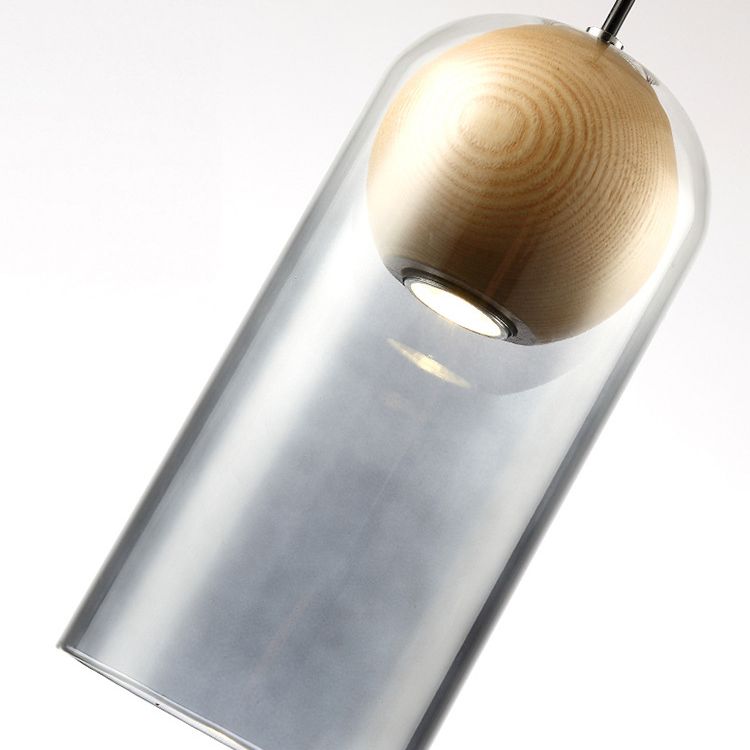 Lámpara de madera de color colgante LED artístico moderno con tono de vidrio gris