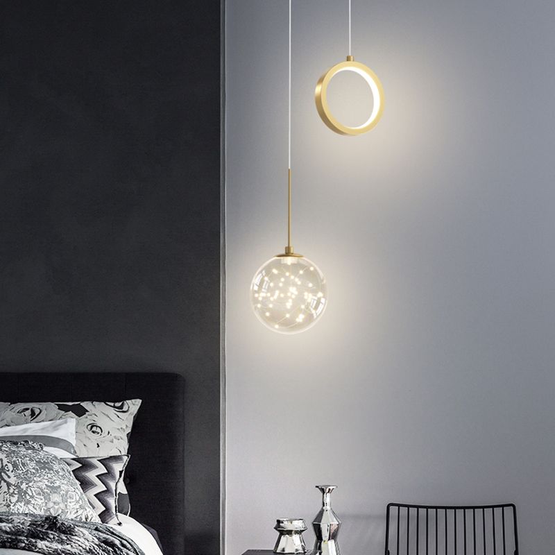 Glass Ball and Ring LED Pendant Minimalist 2-Light Gold Starry Suspension Light for Bedroom