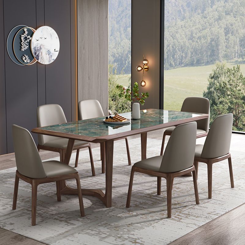 Modern Brown Finish Legs Dining Site Table Stone Top Double Pedestal Table