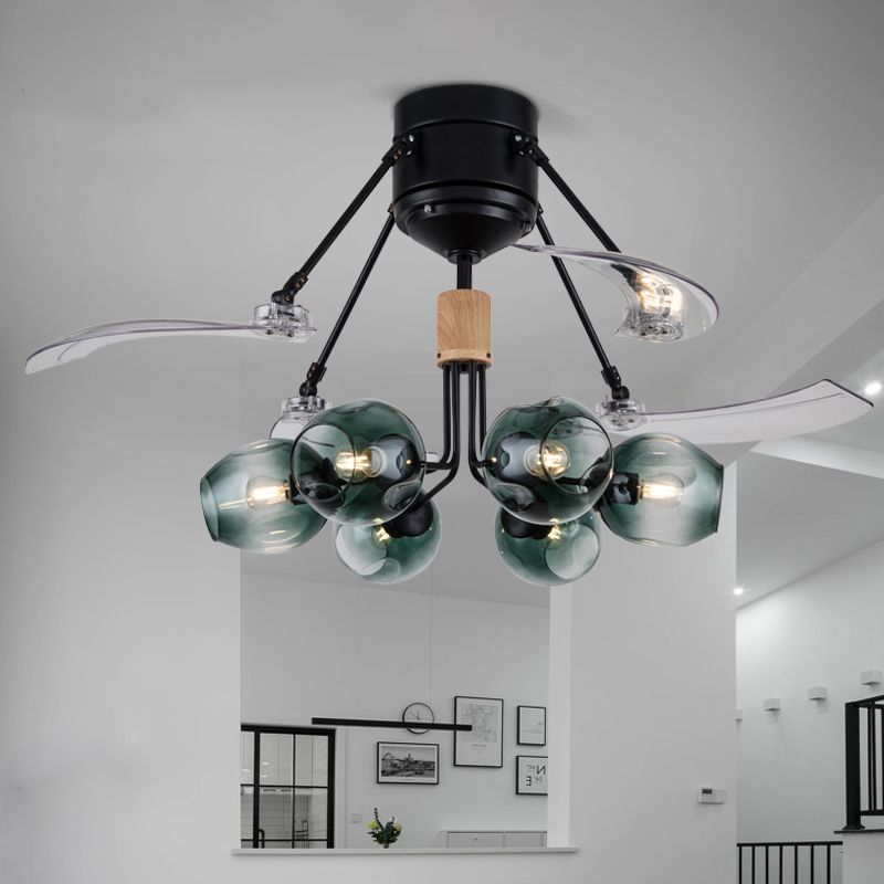 48 "W Bud plafondventilator Licht Modernistisch groen kuiltjes Glass 6 Lichten Zwart Semi Flush Mount Lamp met 3 heldere messen