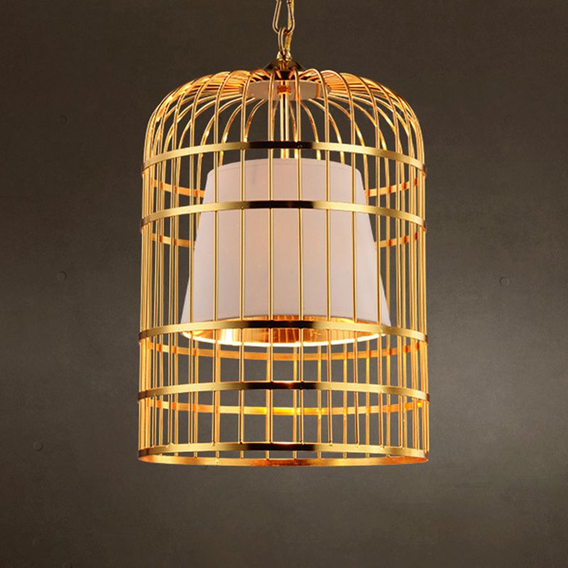 Golden Birdcage Design Metal Suspension Light Fabric Shade Creative Lighting Fixture with 35.5" Adjustable Hanging Chains