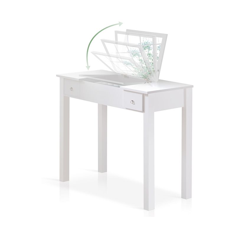 Flip Single Mirror Vanity Desk Double Drawers Straight Feet Dresser in White