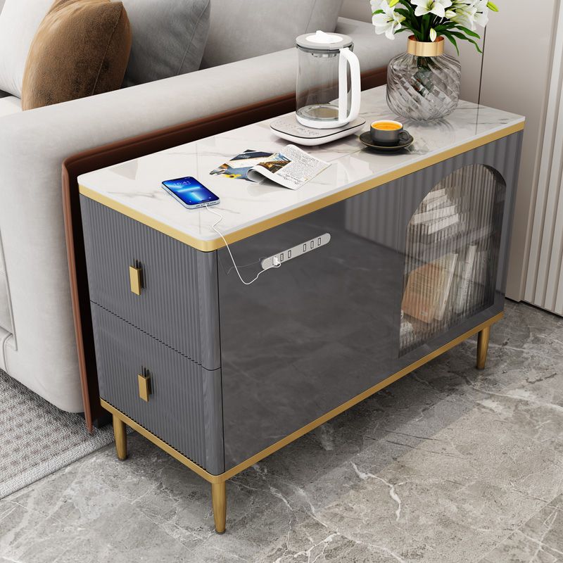 Rectangular Iron 4 Legs Side Table Two-Drawer End Table in Grey/Silver