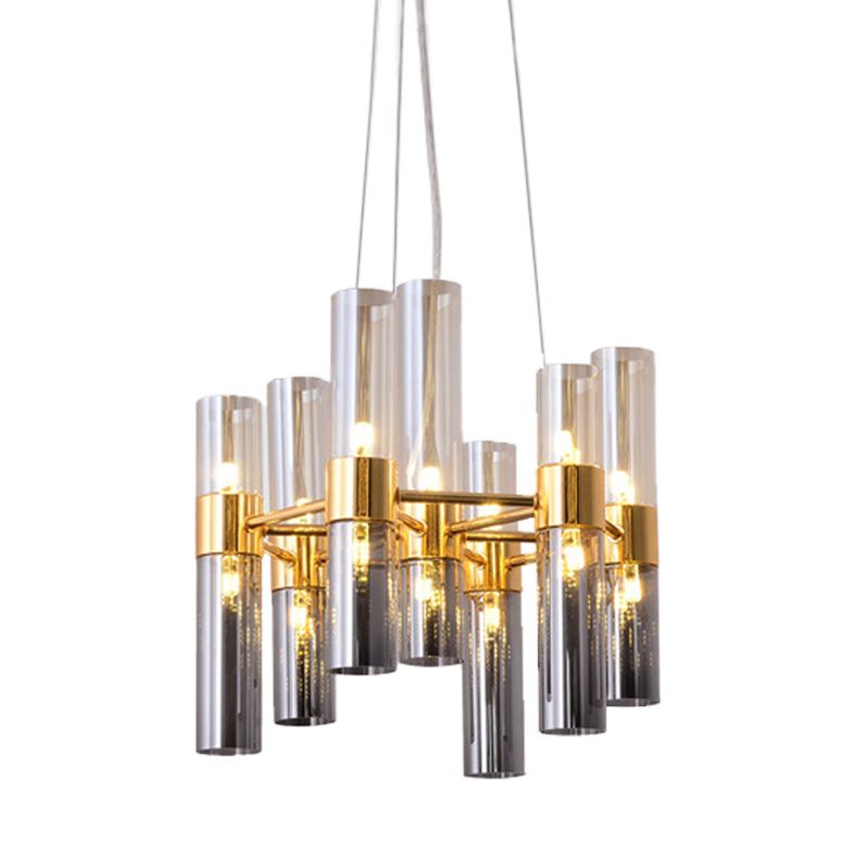 Gold Pipe Chandelier Light Fixture Modernism Smoke Glass 14/24/26 Lights Pendant Light Fixture for Bedroom