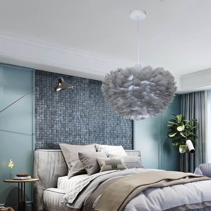 Half-Sphere Feather Suspension Lamp Nordic Style Chandelier Pendant Light for Bedroom