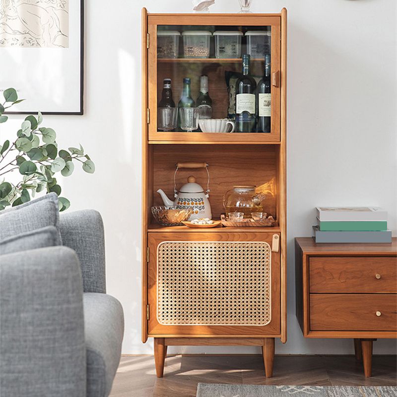 Glass Paned Cabinet Brown Pine and Cherry Accent Cabinet with Doors
