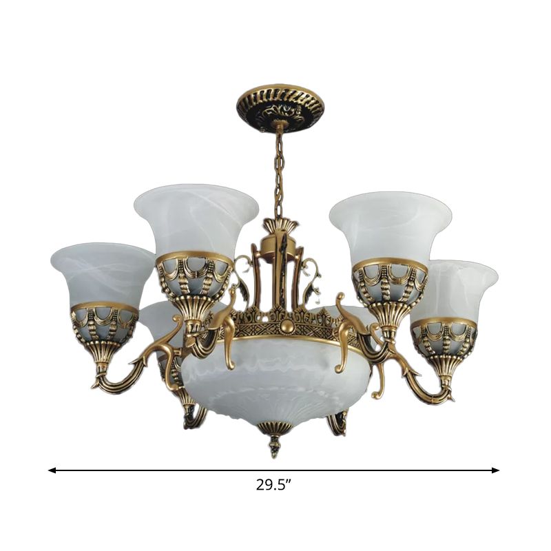 Flared Shade Alabaster Glass Chandelier Traditional 9 Heads Dining Room Suspension Light in Bronze