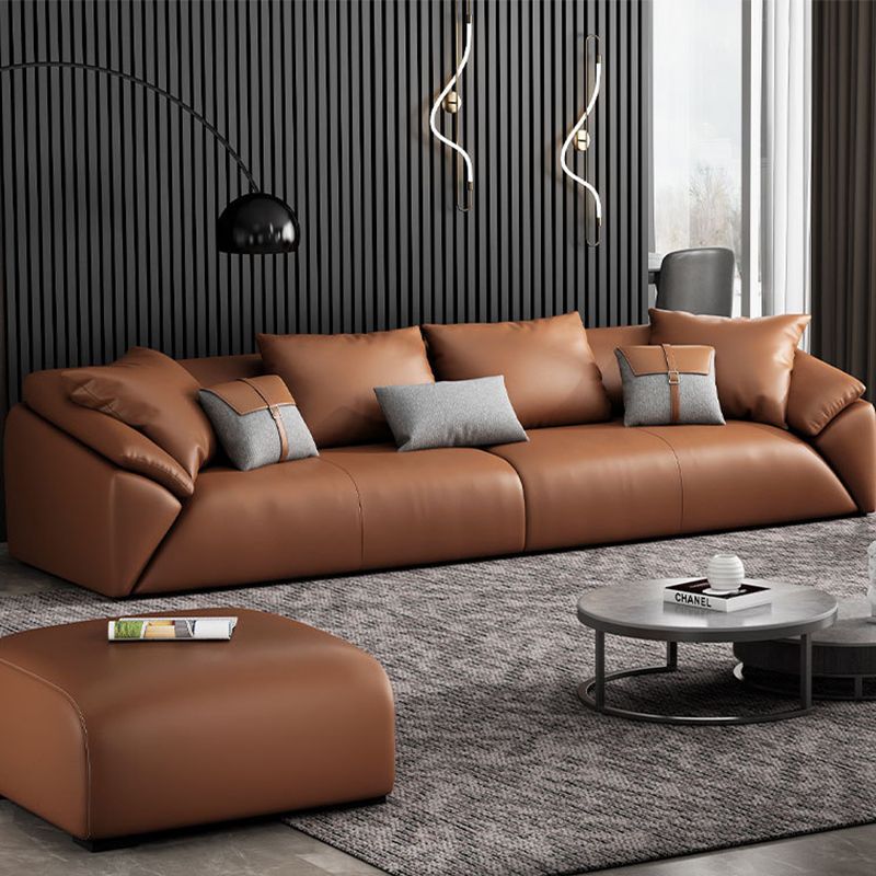 Orange Faux Leather Sofa Modern Pillow Top Arm Sofa with Pillows