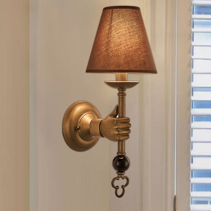 Cone Metal Wall Light Vintage 1 Bulb Bedroom Sconce Lighting Fixture in Brass with Fabric Shade