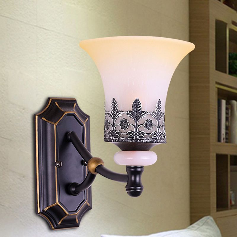Frosted Glass Flared Up Wall Lamp Classic 1 Light Living Room Wall Sconce Light in Black with Leaf Deco