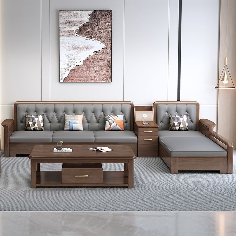 Modern Solid Wood Faux Leather Square Arm Sofa with Tufted Back