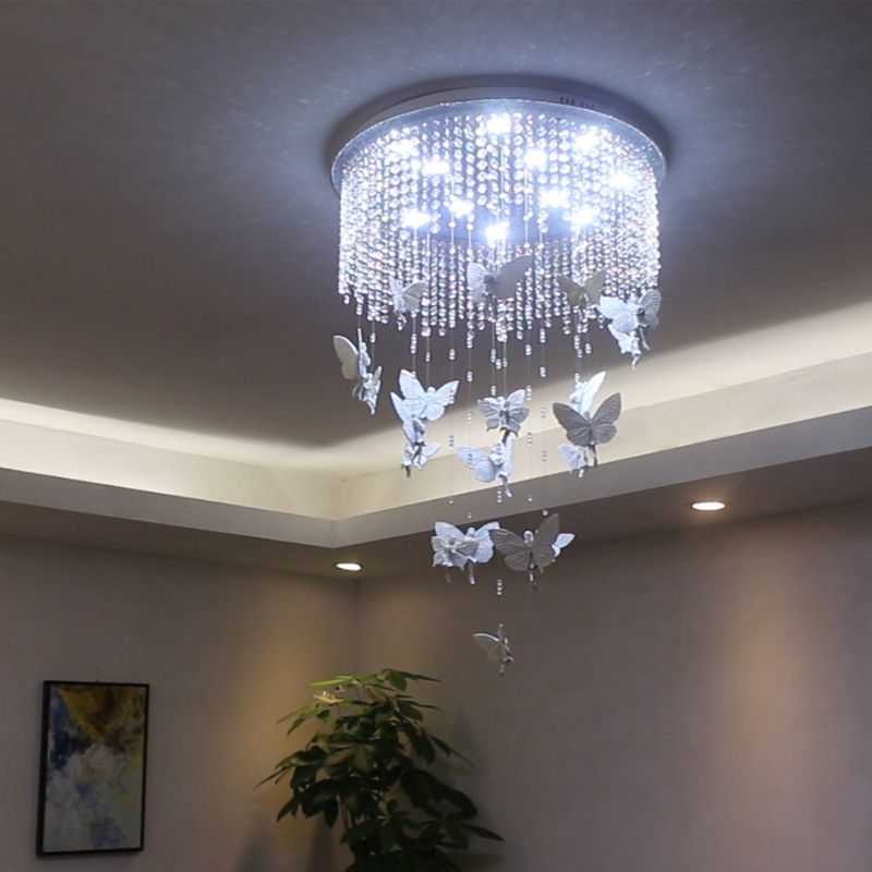 Clear Crystal Strand Drum Flush Light Contemporary 19.5"/23.5" W LED Silver Ceiling Lighting with Butterfly Fairy Deco in Warm/White Light