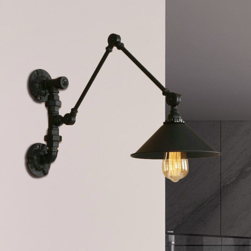 Schwung Arm Schlafzimmer Wandleuchte Industrial Metal 1 Hellschwarze Wandhalterung Licht mit Kegelschatten, 7 "/8,5" breit