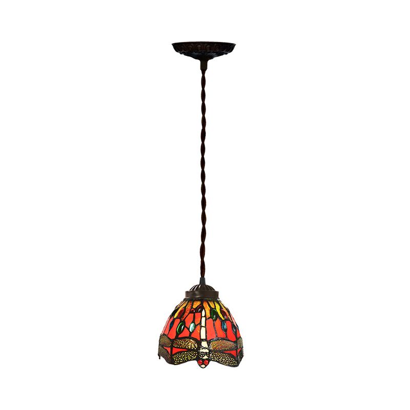1-bulb eetkamer hanglight kit tiffany rode libel patroon hanglamp met koepel gekleurd glazen schaduw