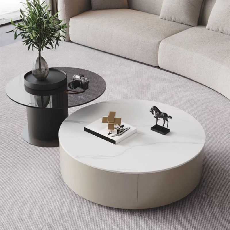 11"H Contemporary Coffee Table Round Coffee Cocktail Table with Drawer