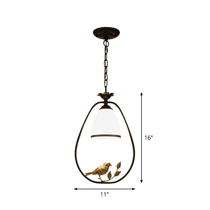Rustic Oval/Round Pendulum Light 1 Bulb Metal Pendant Lamp in Black with Bell White Glass Shade and Bird Decoration