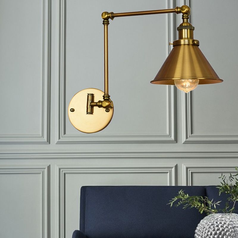 1 Light Metal Wall Lamp Industrial Brass Conical Indoor Sconce Light Fixture for Living Room