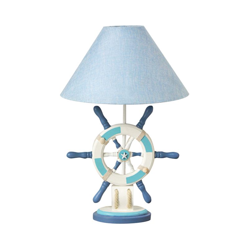 LifeBuoy / Rudder Wooden Table Light Kids Light Blue Blue Nightstand Lampe avec une teinte en tissu conique
