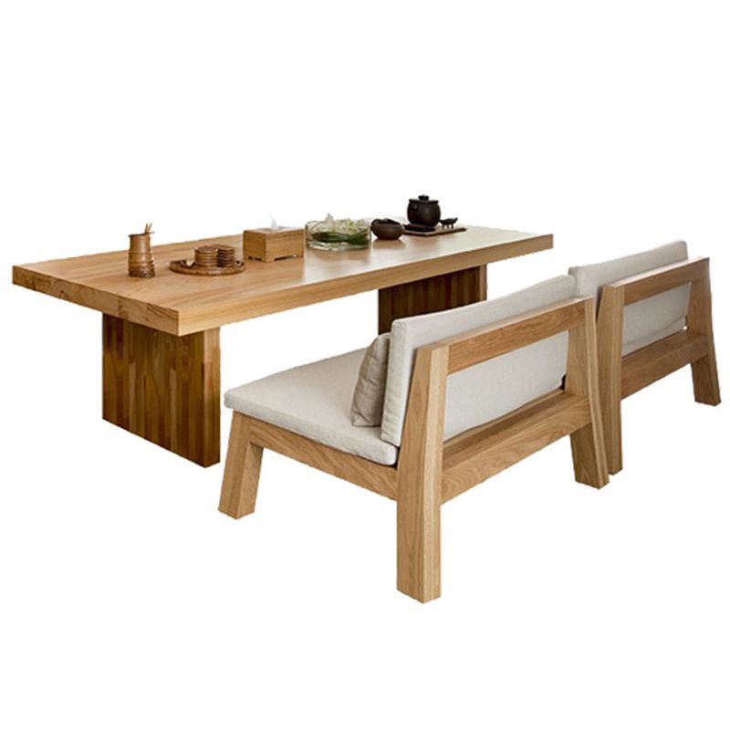 Rectangle Casual Dining Table Brown Tone Fixed Table with Pinewood Solid Wood